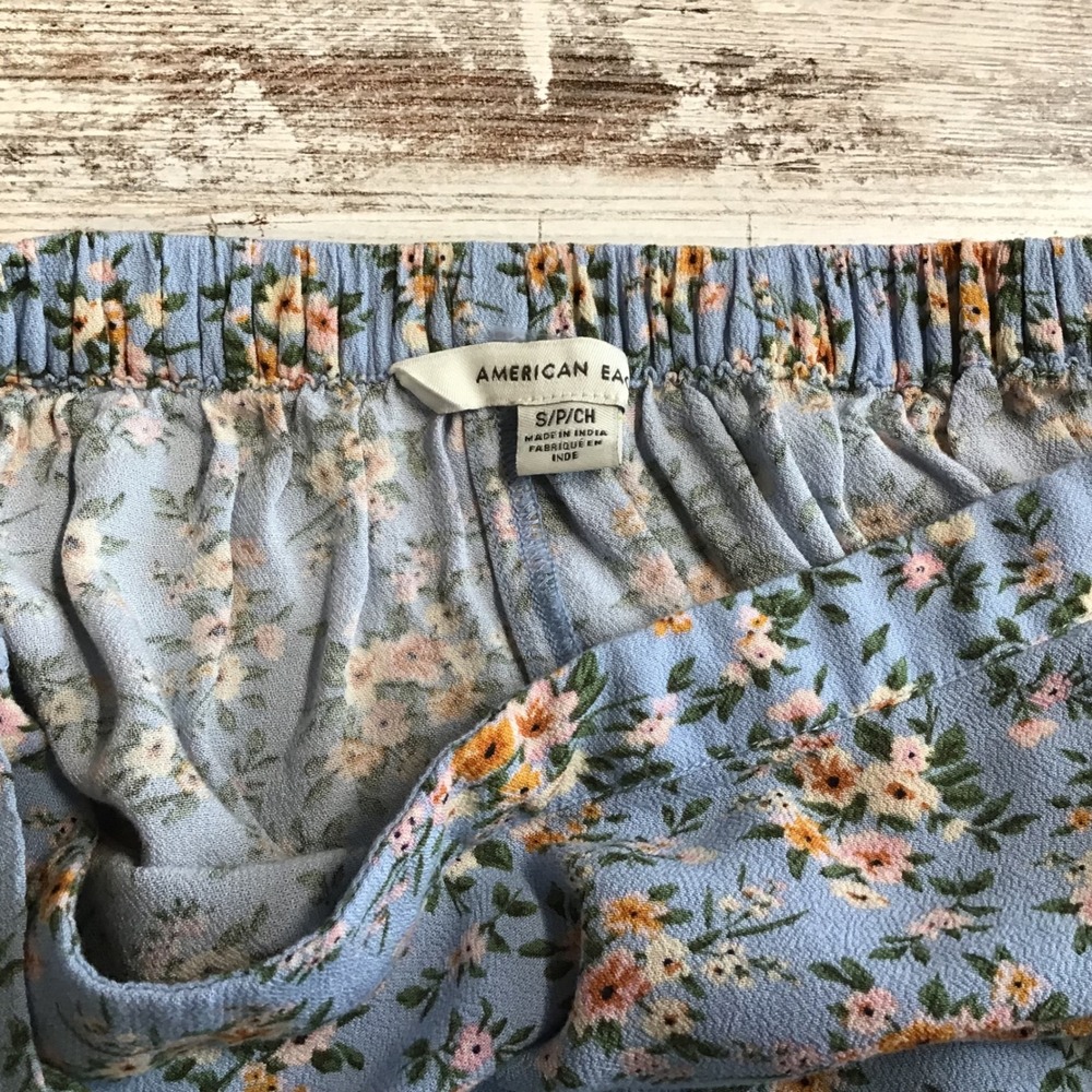 American Eagle Blue Floral Ruffle Mini Wrap Skirt Small Elastic Back Boho Summer - Picture 7 of 11